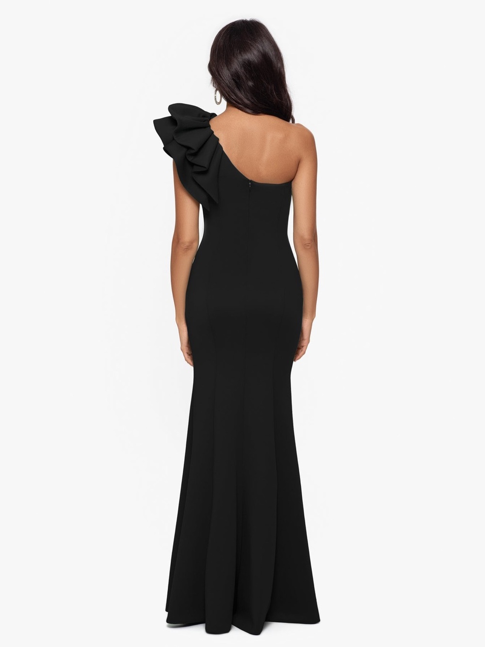 Betsy & Adam Black One-Shoulder Bow Gown - Picture 2 of 6